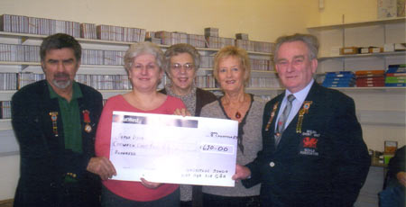 Wyn Jones Secretary of Carms Short Mat bowls Assoc, Anna Lodwick, Rhian Evans, Eirlys Thomas, Chair, sec and treasurer of Talking Books for the Blind, and Ron Jenkins MBE Treasurer of Carms Short Mat Bowls Assoc